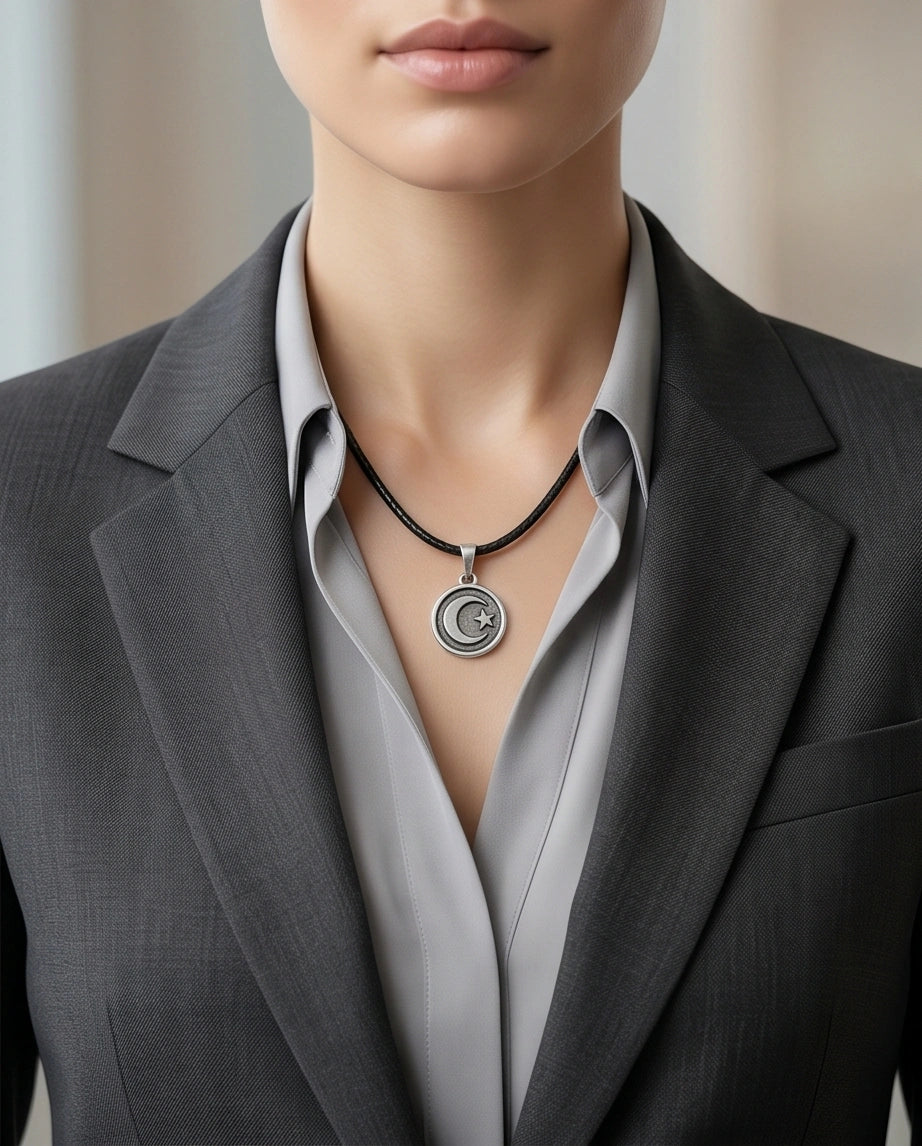 Silver Crescent Moon and Star Necklace