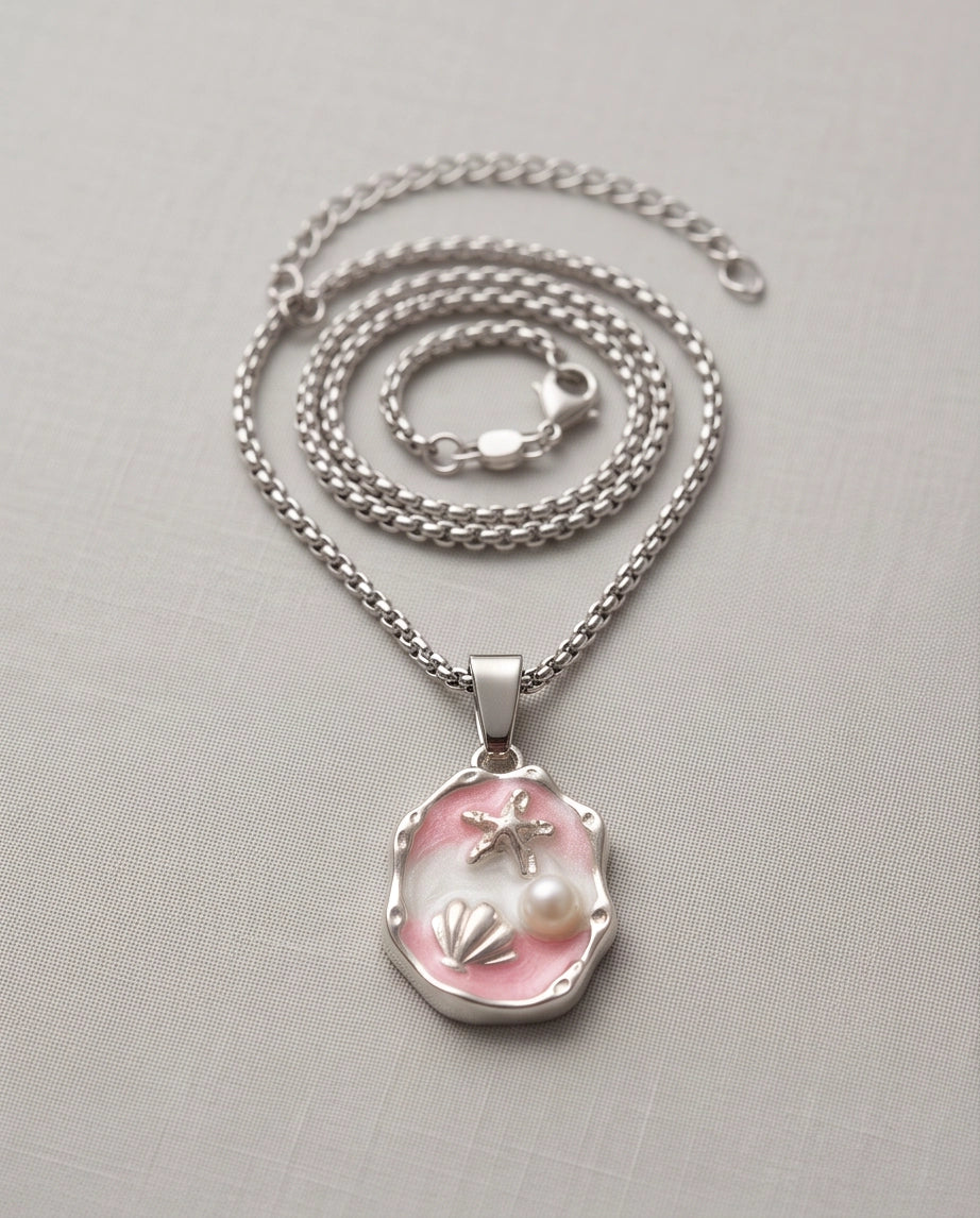 Silver Pink Seashell Starfish Pearl Enamel Medallion Chain Necklace