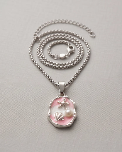 Silver Pink Seashell Starfish Pearl Enamel Medallion Chain Necklace