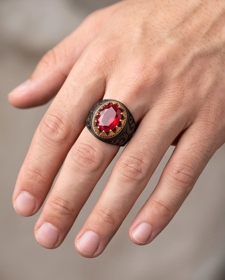 Celestial Crimson Sunburst Signet Ring