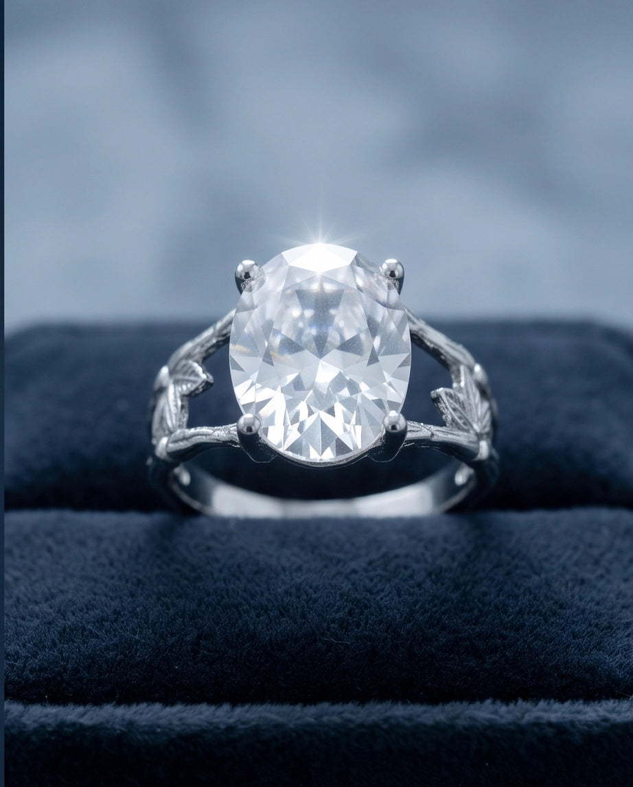 Silver Oval Quartz Botanical Solitaire Ring