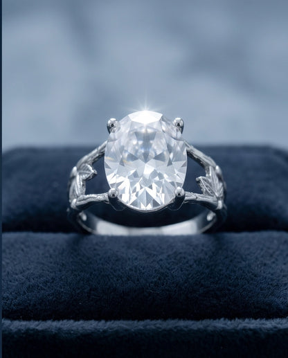 Silver Oval Quartz Botanical Solitaire Ring