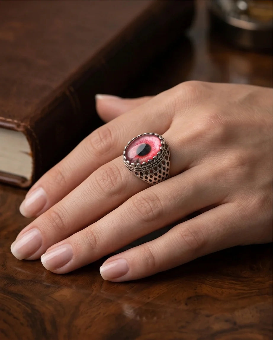 Vintage Sterling Silver Gothic Pink Eclipse Eye Ring