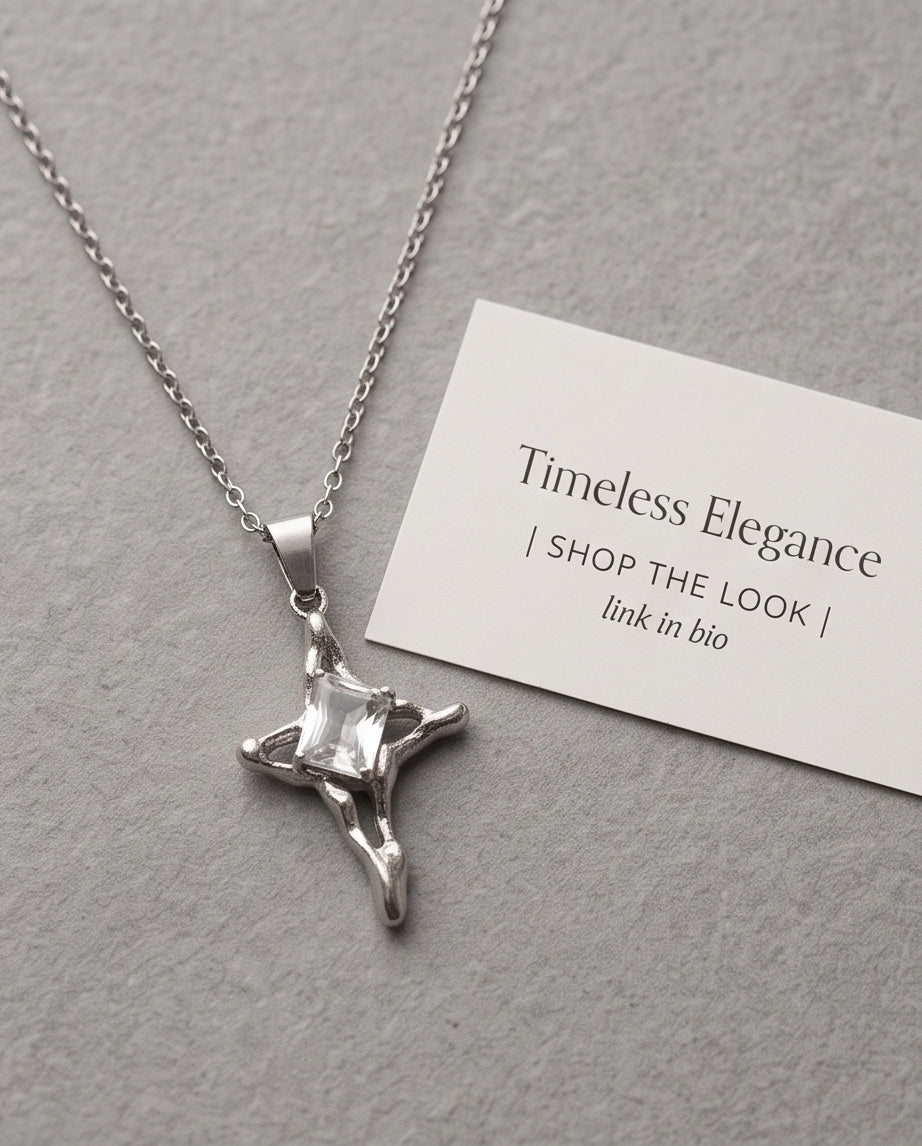 Silver Clear Gemstone Gothic Cross Pendant Necklace