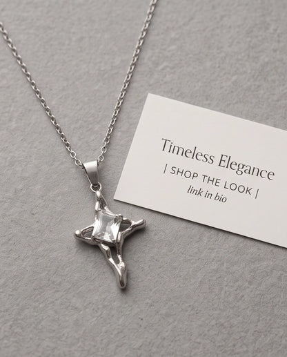 Silver Clear Gemstone Gothic Cross Pendant Necklace