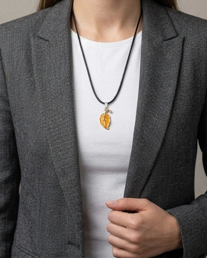 Golden Autumn Leaf Enamel Pendant Necklace