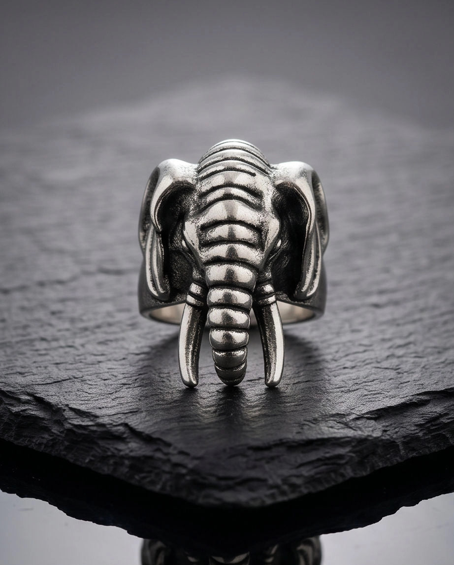 Oxidized Silver Sculpted Elephant Signet Ring