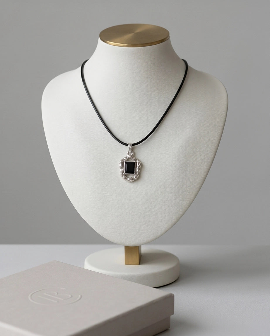 Liquid Metal Rectangular Black Gemstone Necklace