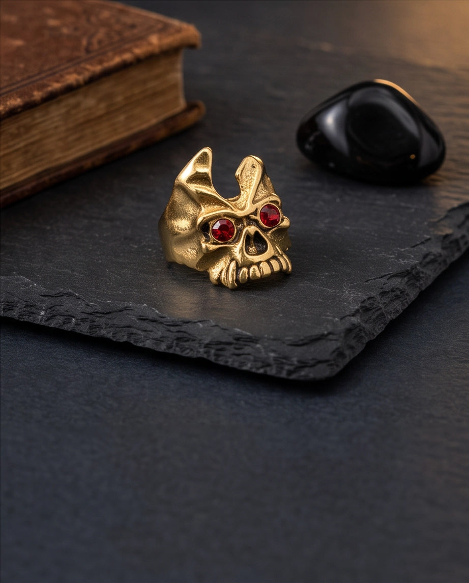 Ruby-Eyed Gothic Horned Skull Gold Ring