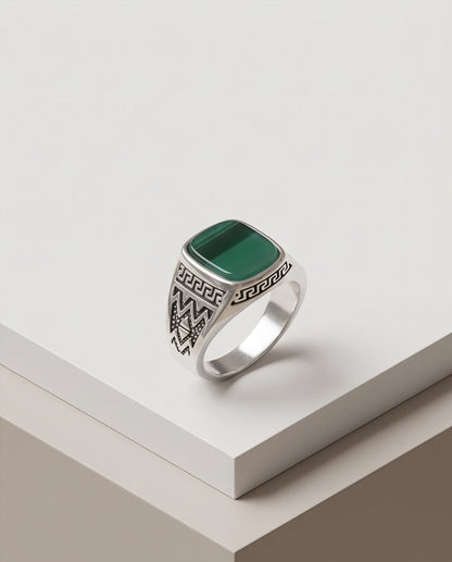 Green Agate Cushion Cabochon Greek Key Zigzag Silver Ring