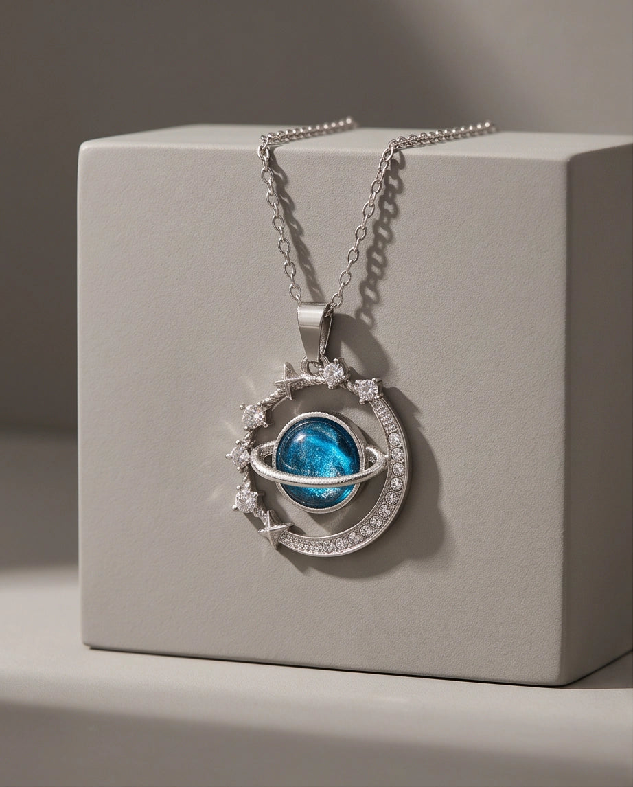 Silver Cosmic Galaxy Planet Crescent Pendant Necklace