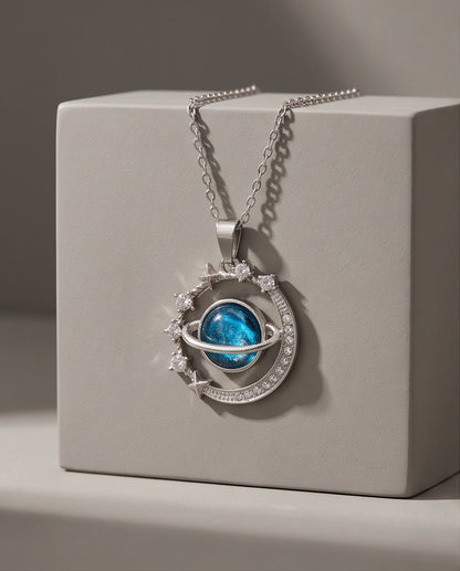 Silver Cosmic Galaxy Planet Crescent Pendant Necklace