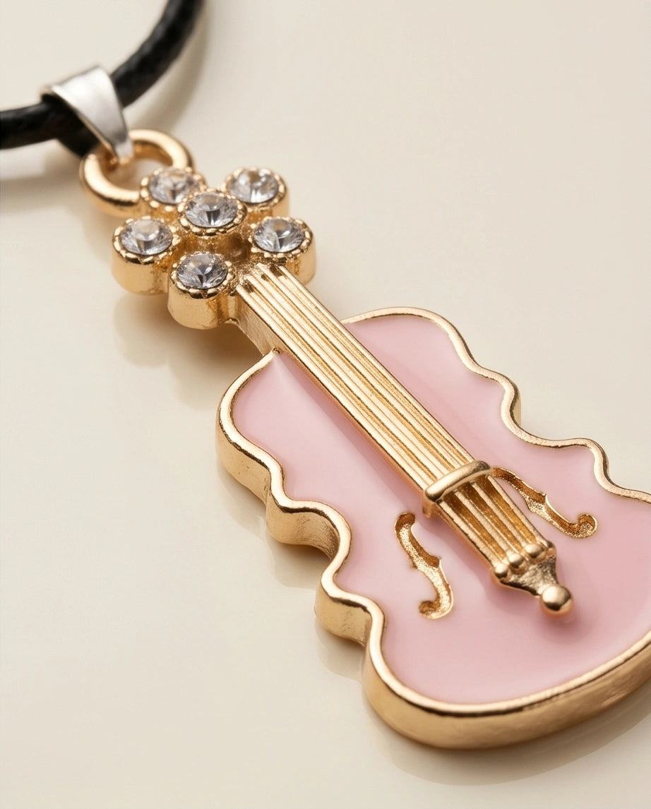 Gold and Pink Enamel Violin Necklace
