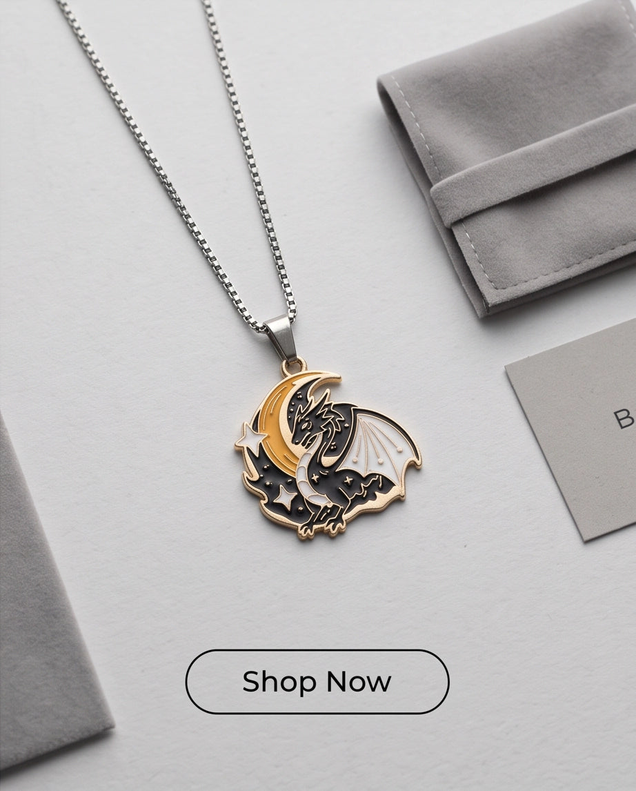 Gold Celestial Crescent Moon Dragon Enamel Pendant Necklace