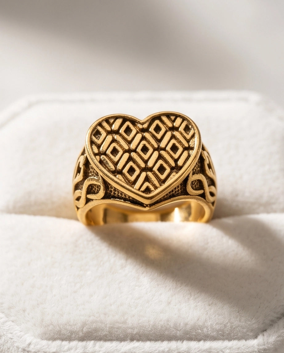 Lattice Heart Gold Signet Ring