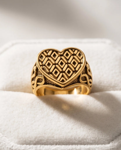 Lattice Heart Gold Signet Ring