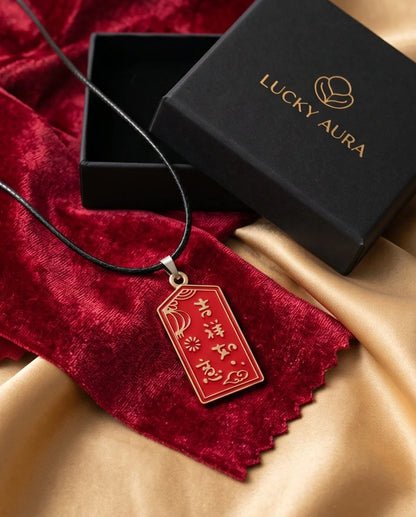 Traditional Red Rectangular "Ji Xiang Ru Yi" Blessings Pendant Necklace