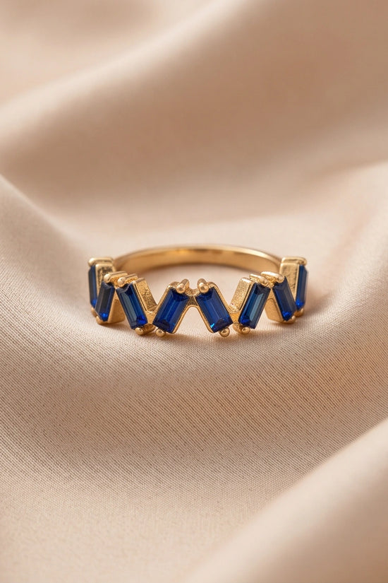 Gold Plated Blue Sapphire Baguette Zigzag Ring