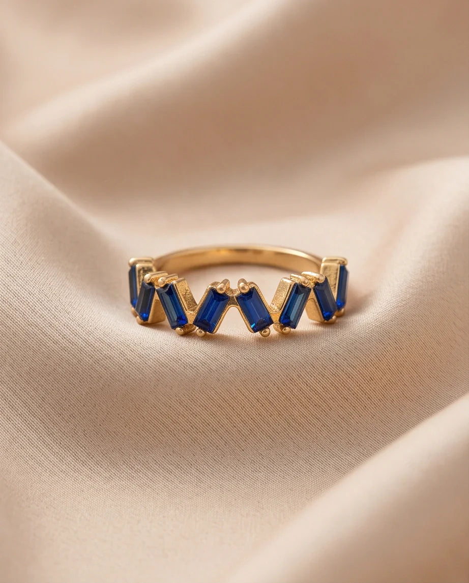 Gold Plated Blue Sapphire Baguette Zigzag Ring