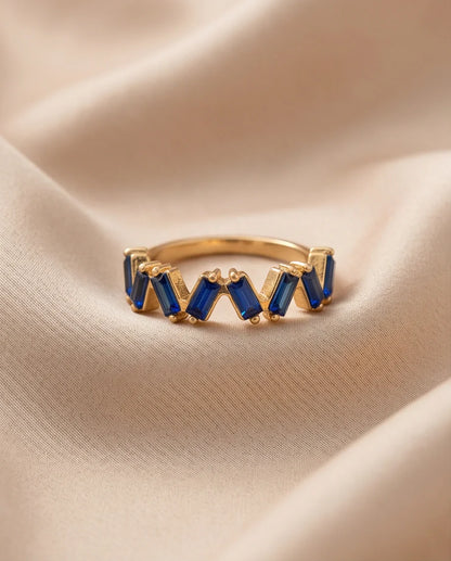 Gold Plated Blue Sapphire Baguette Zigzag Ring