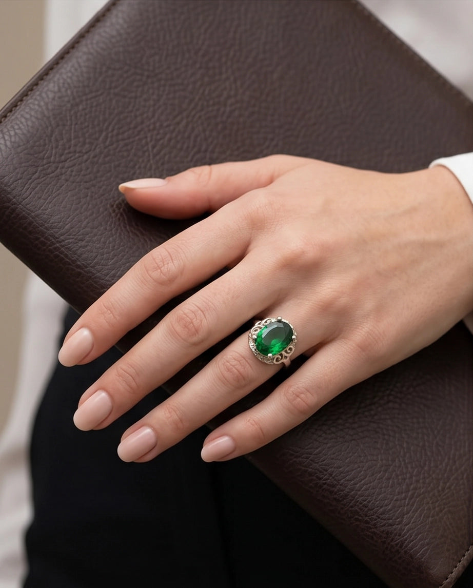 Silver Oval Emerald Gemstone Filigree Solitaire Ring