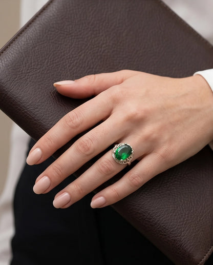 Silver Oval Emerald Gemstone Filigree Solitaire Ring
