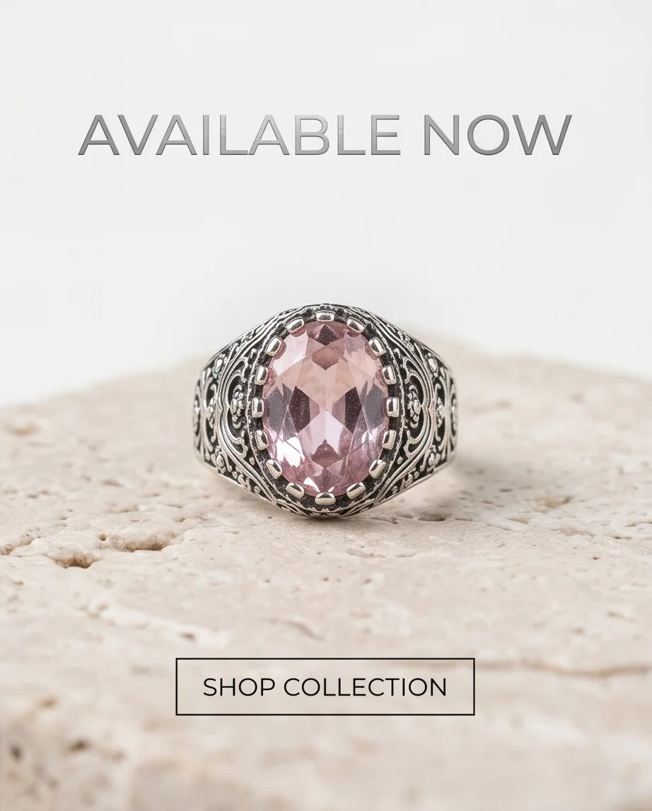 Morganite Gemstone Notched Bezel Scrollwork Silver Ring