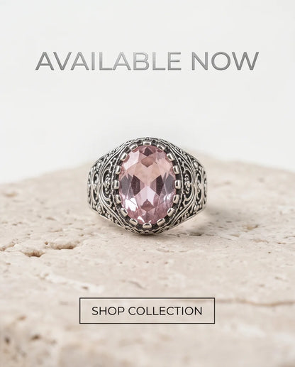 Morganite Gemstone Notched Bezel Scrollwork Silver Ring