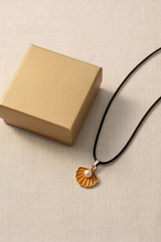 Golden Yellow Seashell Enamel Pendant Necklace with Faux Pearl