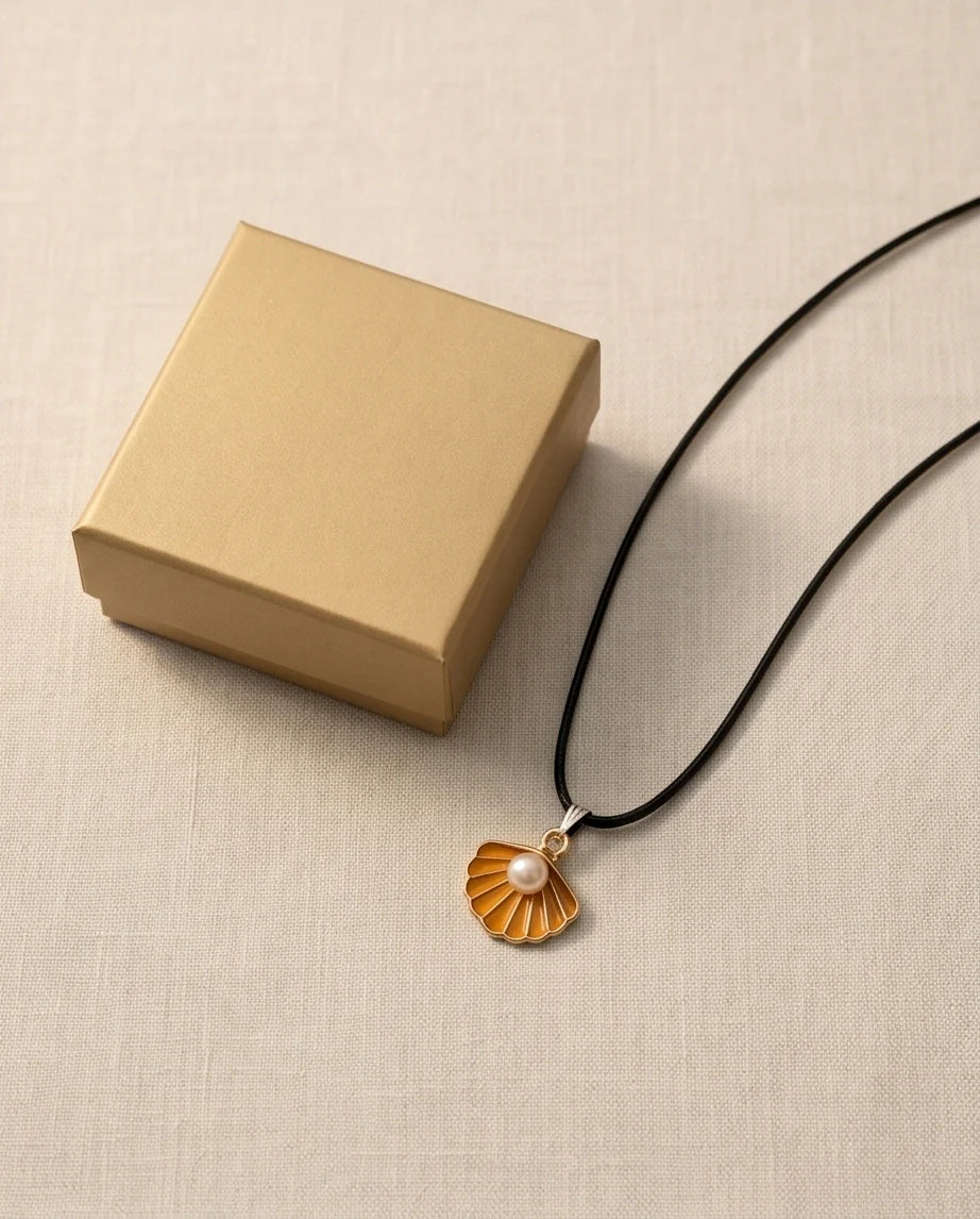 Golden Yellow Seashell Enamel Pendant Necklace with Faux Pearl