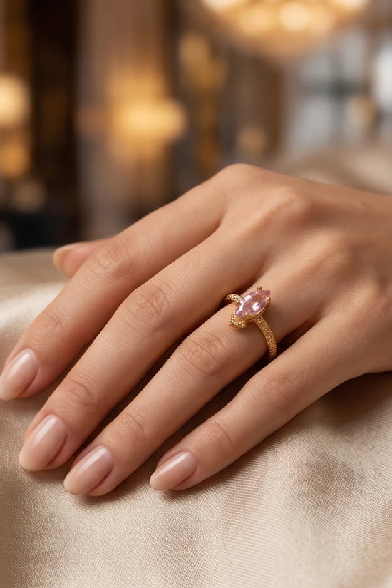 Vintage Gold Marquise Pink Tourmaline Milgrain Ring