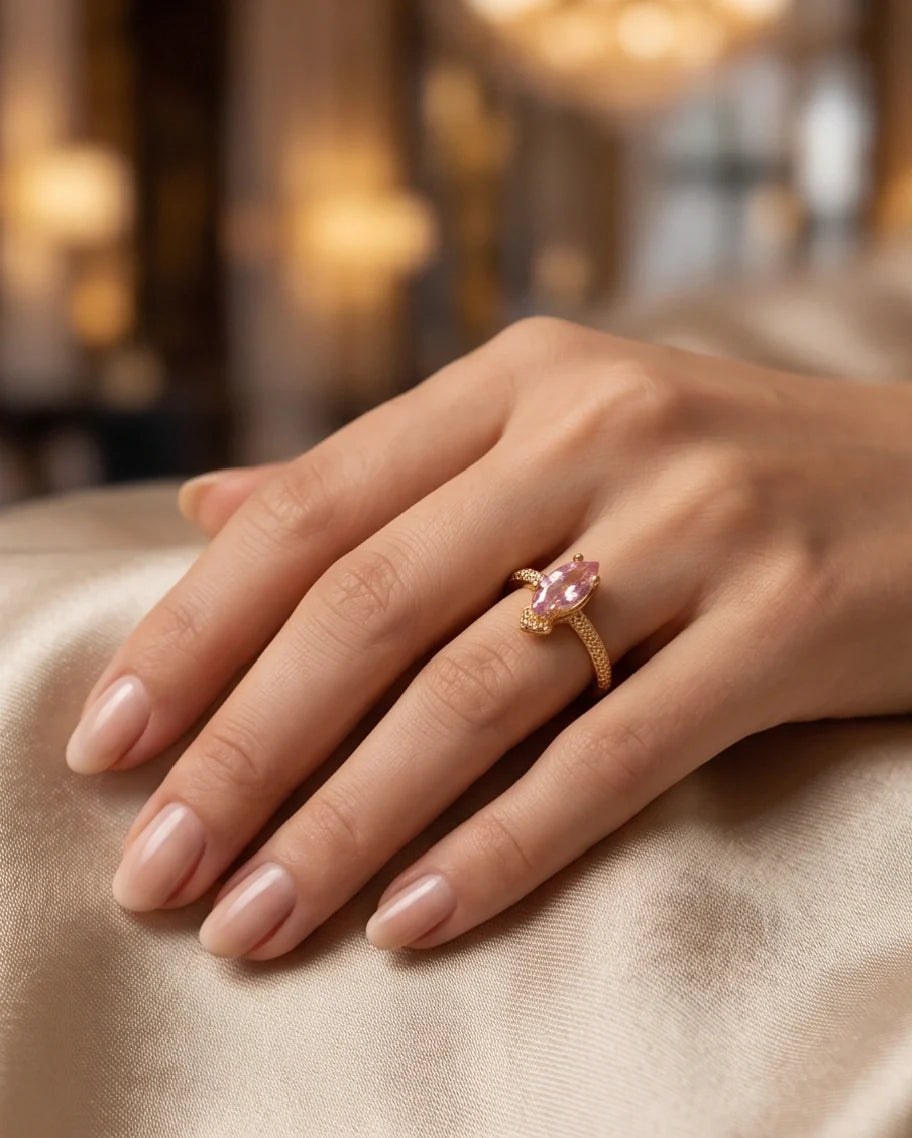 Vintage Gold Marquise Pink Tourmaline Milgrain Ring