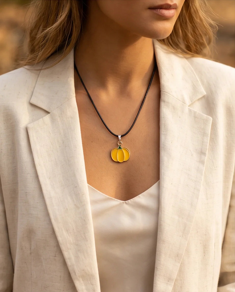 Festive Yellow Pumpkin Enamel Pendant Necklace