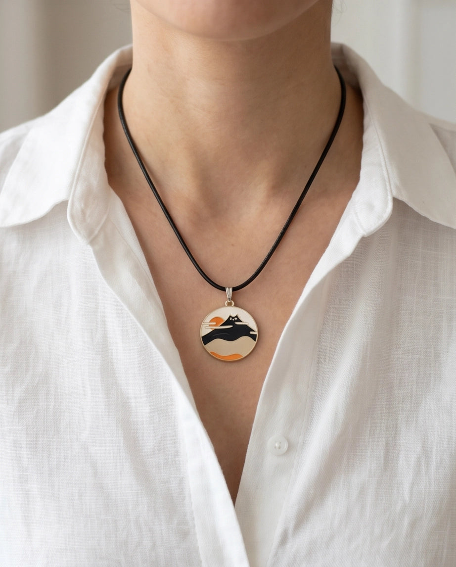 Japanese Mountain & Cat Enamel Pendant Necklace