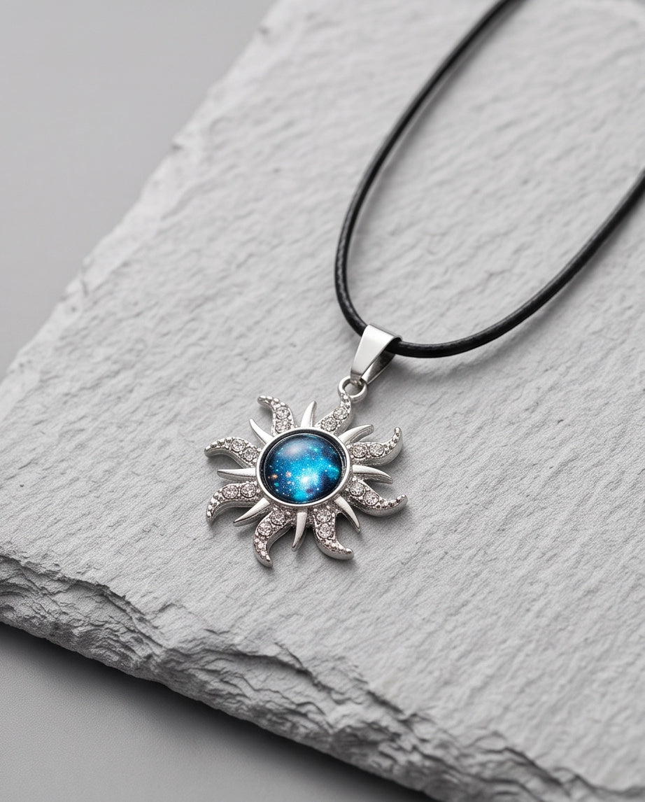 Silver Crystal Celestial Sunburst Galaxy Pendant Necklace