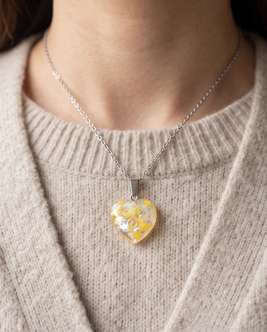 Silver Sunshine Yellow Glitter Heart Resin Pendant Necklace