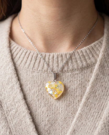 Silver Sunshine Yellow Glitter Heart Resin Pendant Necklace