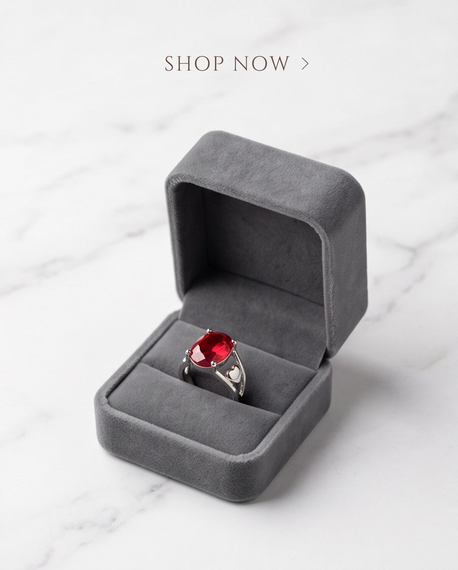 Silver Oval Ruby Heart Detail Solitaire Ring