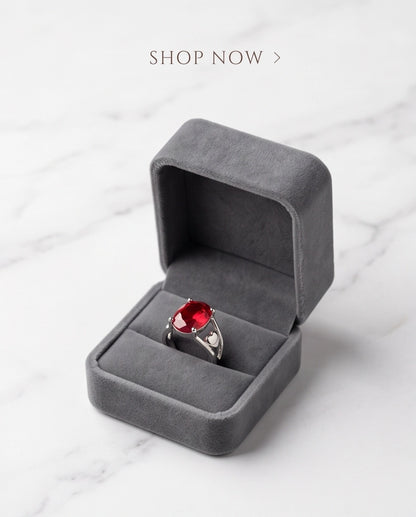 Silver Oval Ruby Heart Detail Solitaire Ring