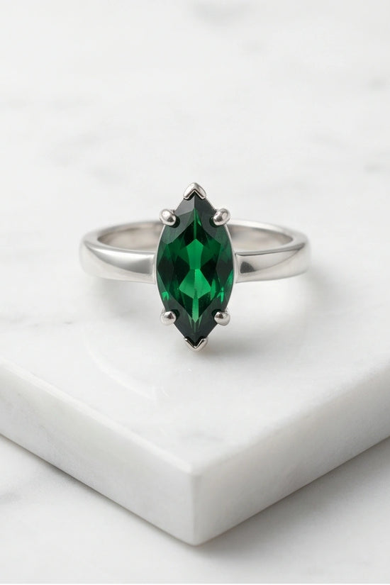 Sterling Silver Marquise-Cut Green Emerald Solitaire Ring