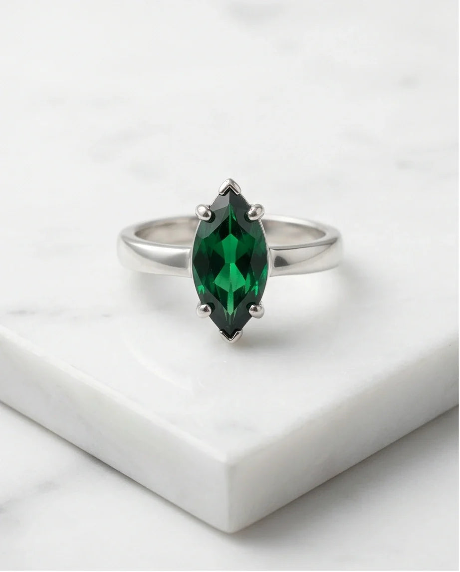 Sterling Silver Marquise-Cut Green Emerald Solitaire Ring
