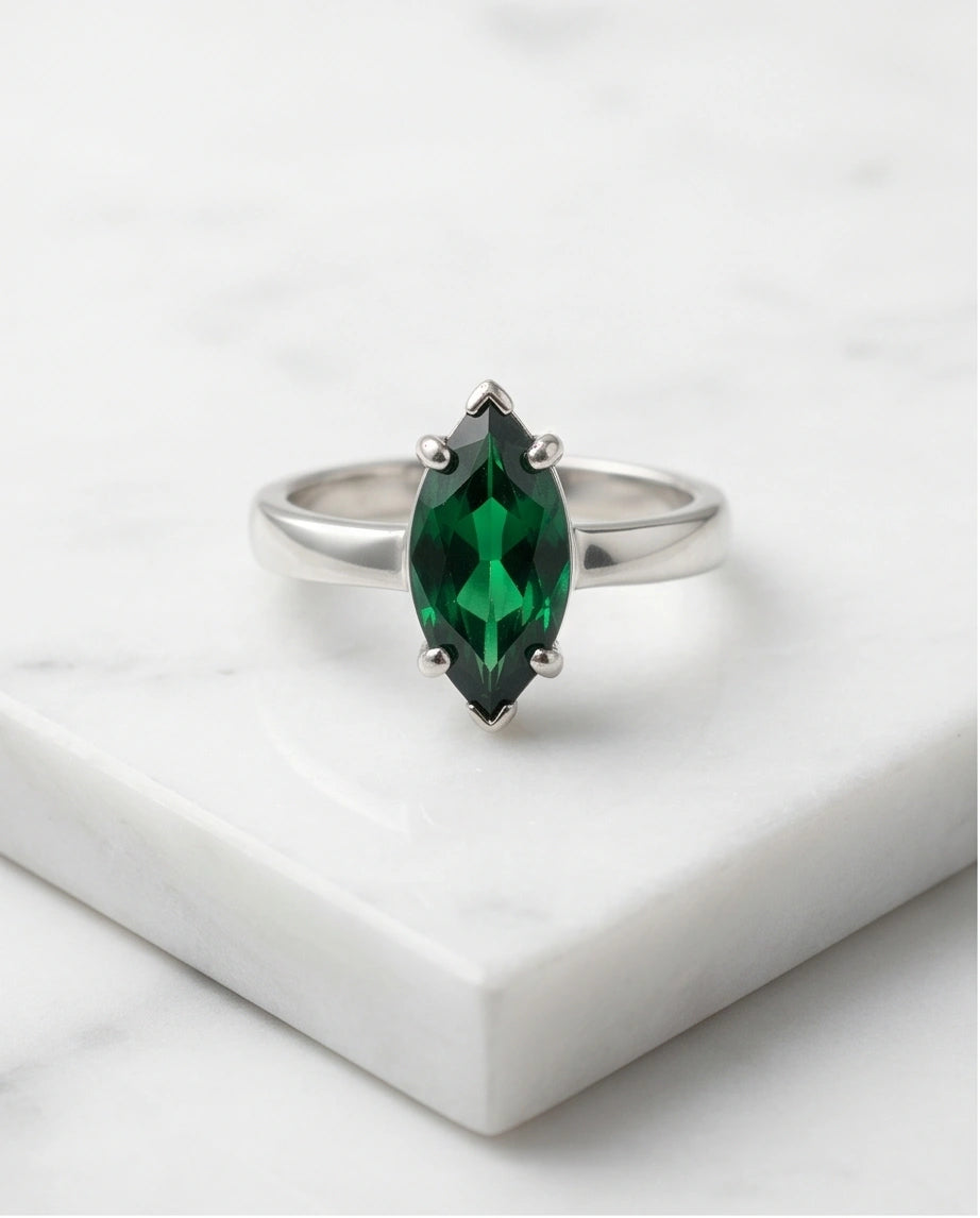 Sterling Silver Marquise-Cut Green Emerald Solitaire Ring