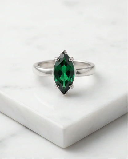 Sterling Silver Marquise-Cut Green Emerald Solitaire Ring