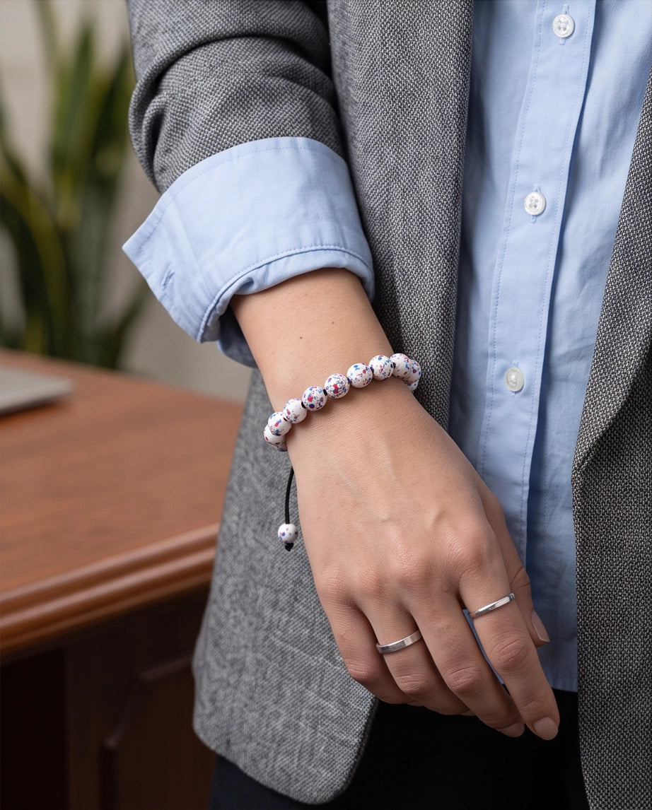 Splatter Paint White Ceramic Beaded Adjustable Macrame Bracelet