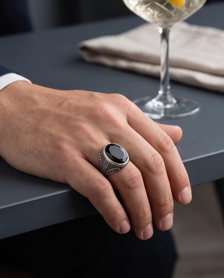 Onyx Gemstone Smooth Bezel Chevron Stippled Silver Ring