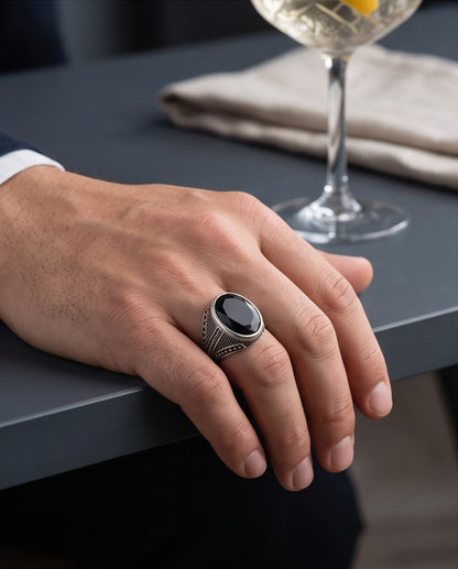 Onyx Gemstone Smooth Bezel Chevron Stippled Silver Ring