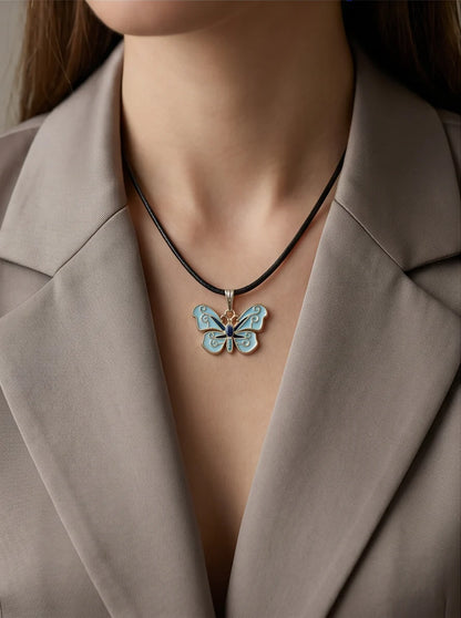 Blue Enamel Butterfly Pendant Necklace