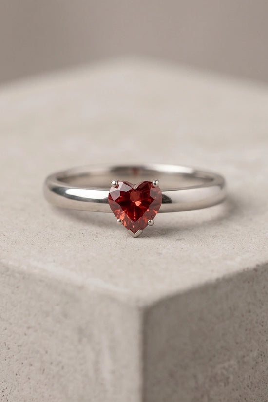 Sterling Silver Heart-Cut Red Garnet Solitaire Ring