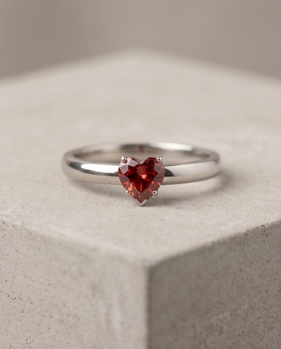 Sterling Silver Heart-Cut Red Garnet Solitaire Ring