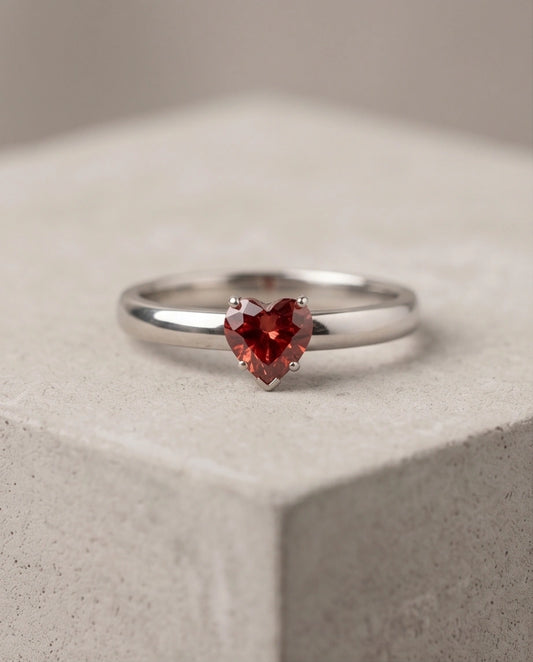 Sterling Silver Heart-Cut Red Garnet Solitaire Ring